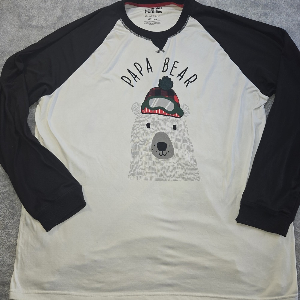 Cuddl Duds Papa Bear Pajama Top Mens XLT White Black Raglan Long Sleeve Shirt